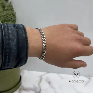 cuban stainless-steel bracelet displayed on a hand