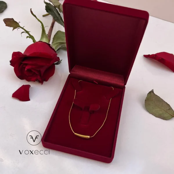 signature stainless steel necklace displayed on a luxury gift box